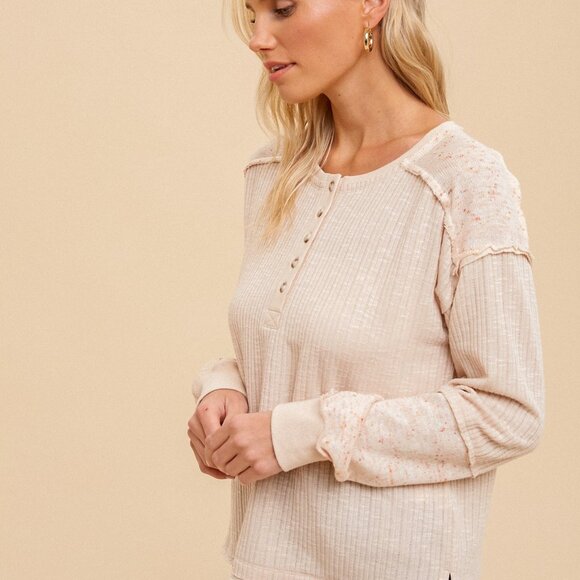 HEM & THREAD Henley Long Sleeve Ribbed Top, Neutral Beige Waffle Knit Pullover - Picture 2 of 5